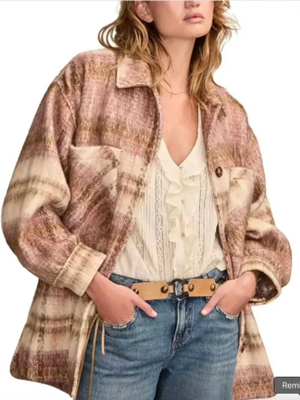 Lucky Brand Women's Oversized Plaid Shirt Jacket XL Pink Cream